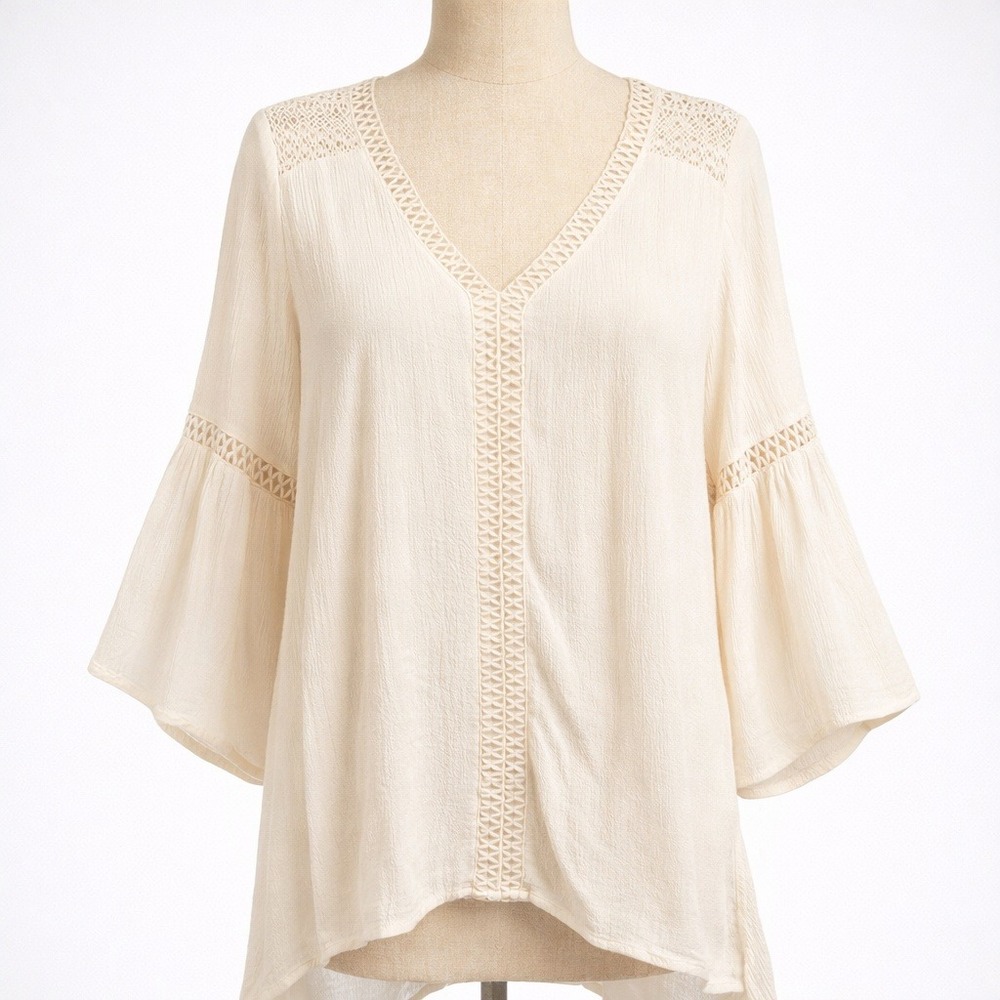 Boho Crochet Flare Sleeve Peasant Top Size M Cream Cottagecore Romantic‎ Coastal